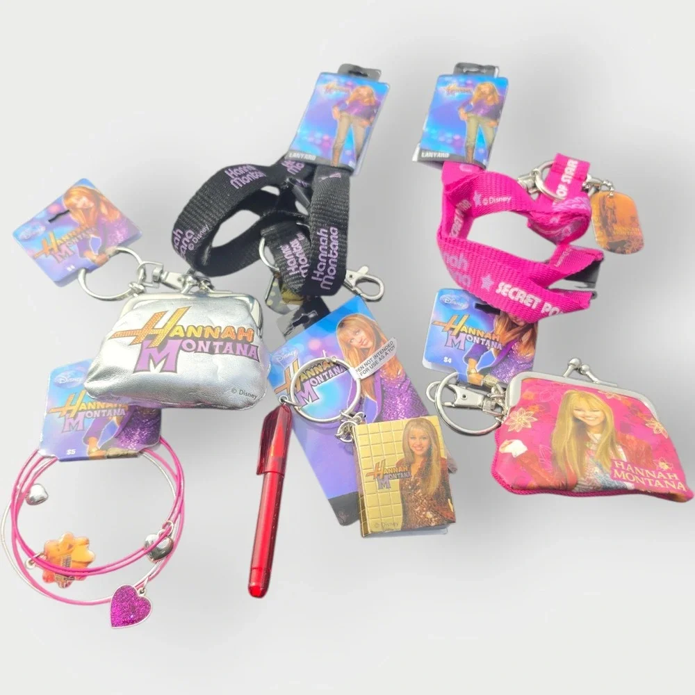 Hannah Montana LOT 2‎ Lanyards And 2 Coin Purses Pen Paper Bracelets Pink Purple